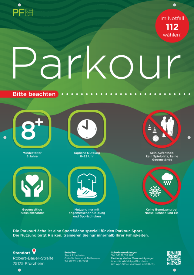Hinweisschild mit allen Ge- und Verboten welche für die Parkourfläche gelten
