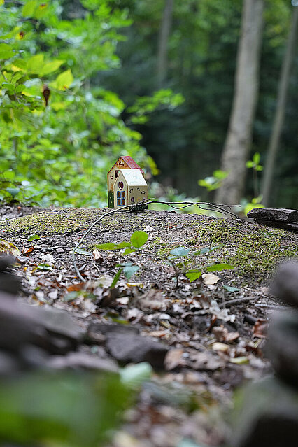 Auf dem Bild ist ein kleines Modellhäuschen im Wald zu sehen. - copyright:Stadt Pforzheim