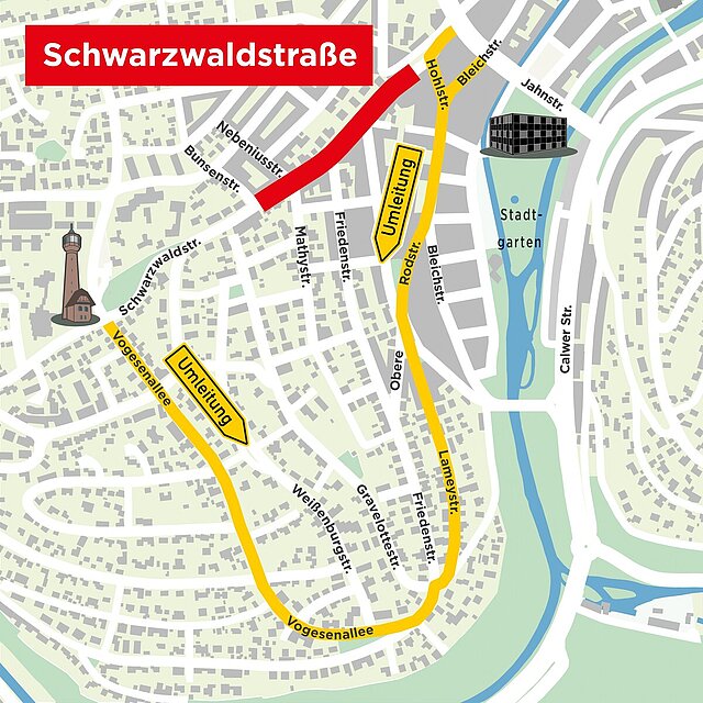 Eine grafische Karte von Pforzheim, die die Umleitungsroute der Baustelle zeigt.