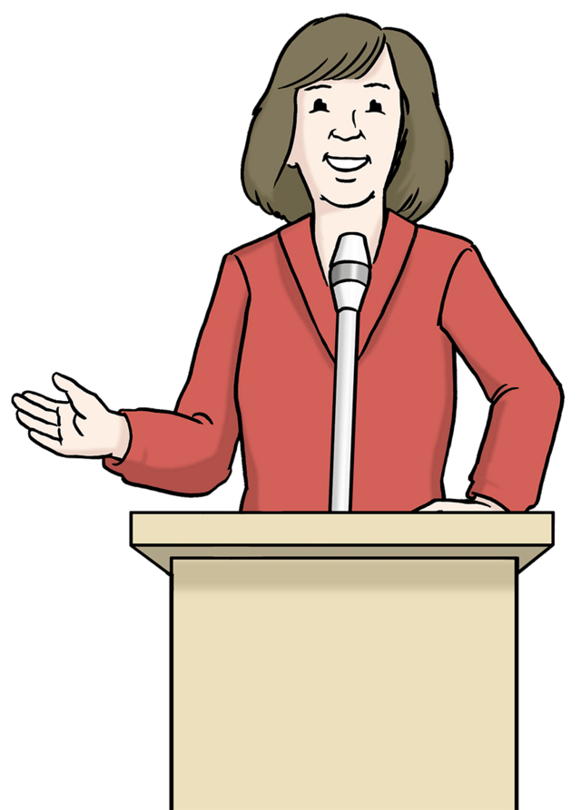 Illustration: Eine Frau steht am Rednerpult: Vortrag. - copyright:Lebenshilfe für Menschen mit geistiger Behinderung Bremen e.V.