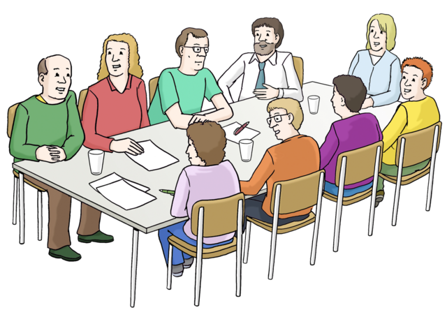 Illustration: Neun Personen sitzen um einem Tisch. - copyright:Lebenshilfe für Menschen mit geistiger Behinderung Bremen e.V.