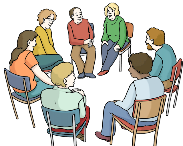 Illustration: Mehrere Leute sitzen in einem Stuhlkreis: Eine Gesprächsrunde. - copyright:Lebenshilfe für Menschen mit geistiger Behinderung Bremen e.V.