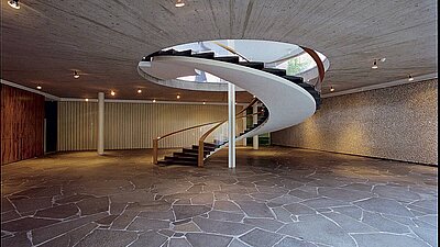 Foyer with spiral staircase, photo Valentin Wormbs