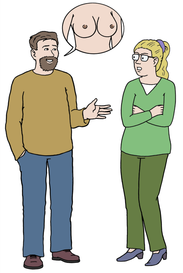 Illustration: Ein Mann spricht. In der Sprechblase ist eine weibliche Brust zu sehen. Die Frau neben ihm hält die Arme verschränkt vor ihrer Brust und dreht sich leicht weg. - copyright:Lebenshilfe für Menschen mit geistiger Behinderung Bremen e.V.