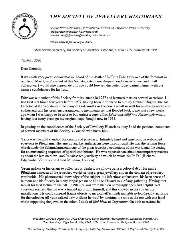 Letter of condolence Society of Jewellery Historians, page 1