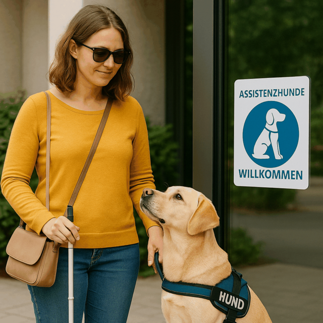Auf dem Foto ist links eine Frau mit schulterlangem braunen Haar, einem gelben Pullover, Sonnenbrille und Blindenstock in der rechten Hand zu sehen. Neben ihr sitzt ein gelber Labrador und schaut zu ihr hoch. Im Hintergrund ist eine Scheibe mit dem Aufkleber "Assistenzhunde Willkommen" zu sehen. - copyright:Stadt Pforzheim