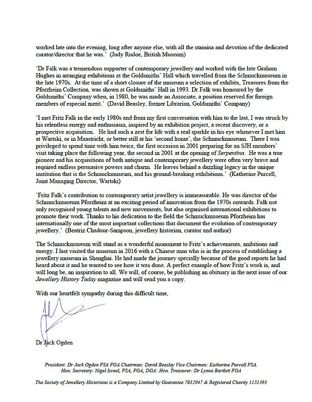 Letter of condolence Society of Jewellery Historians, page 1