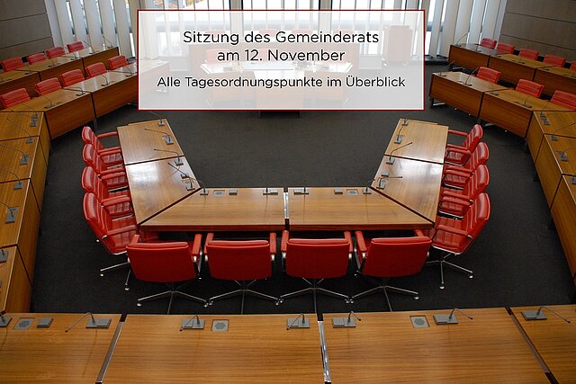 Gemeinderatssaal von oben mit Overlay: "Sitzung des Gemeinderats am 12. November - Alle Tagesordnungspunkte im Überblick"