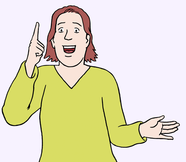 Illustration: Frau hebt Zeigefinger nach oben. Signal für: Ich habe eine Idee! - copyright:Lebenshilfe für Menschen mit geistiger Behinderung Bremen e.V.