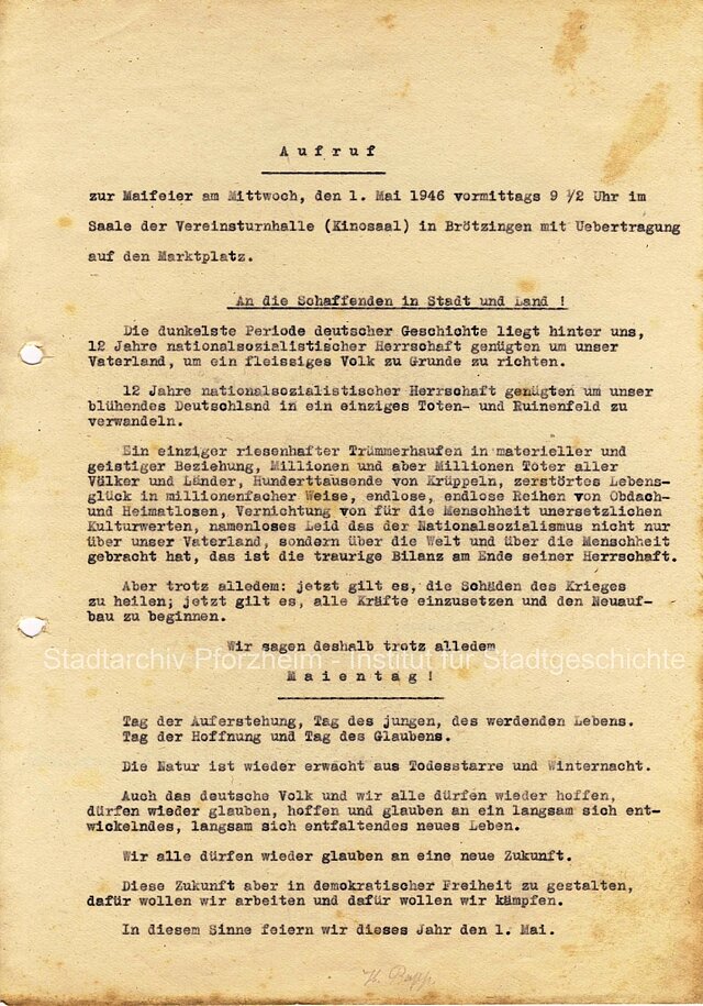 Dieses Bild zeigt den Aufruf zur Maifeier 1946.