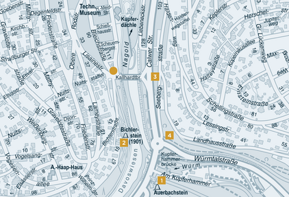 Stadtplan Pforzheims 2015, Ausschnitt Kallhardtbrücke und Umgebung (Arkadenhäuser, Seehauspfad, Kupferhammer, Davosweg). - copyright:Stadt Pforzheim
