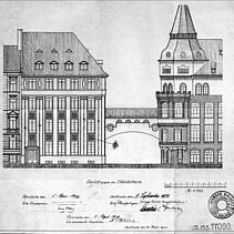 Bauzeichnung: Pläne des Kontorhauses für Kollmar & Jourdan vom Architekturbüro Hermann Walder. - copyright:Stadtarchiv Pforzheim – Institut für Stadtgeschichte B64 – Bleichstraße 75 und 77