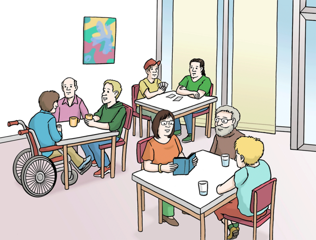 Illustration: Menschen sitzen zusammen, spielen oder unterhalten sich: Freizeittreff. - copyright:Lebenshilfe für Menschen mit geistiger Behinderung Bremen e.V.