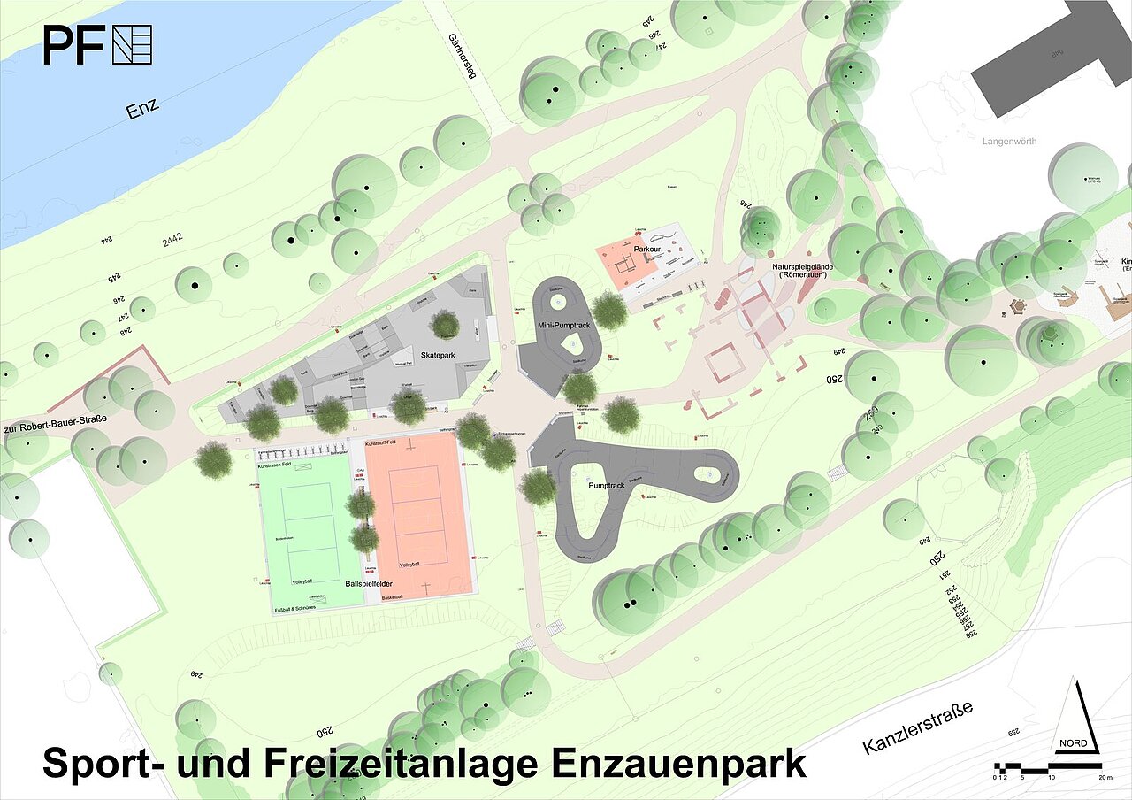 Übersichtsplan der gesamten Sport- und Freizeitanlage im Enzauenpark mit Skateanlage, Pumptrack, Parkour-Sportanlage und zwei Kleinspielfeldern - copyright:Stadt Pforzheim