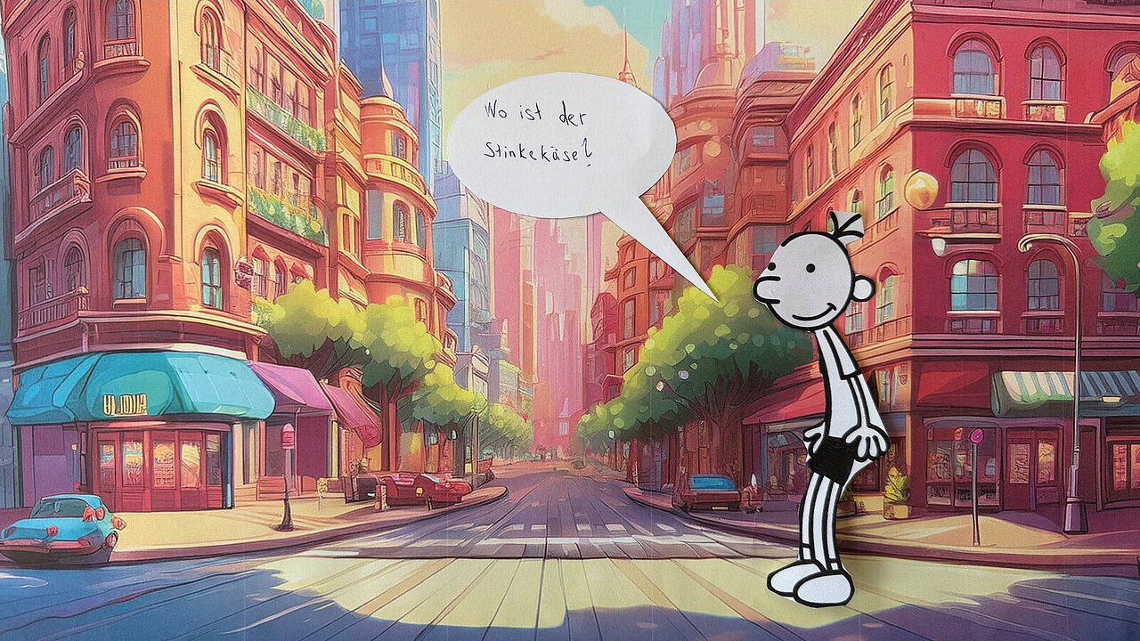 Eine gezeichnete Figur steht in einer bunten Stadtstraße und sagt in einer Sprechblase: „Wo ist der Stinkekäse?“ - copyright: Stadtbibliothek - Ersteller: Stadtbibliothek