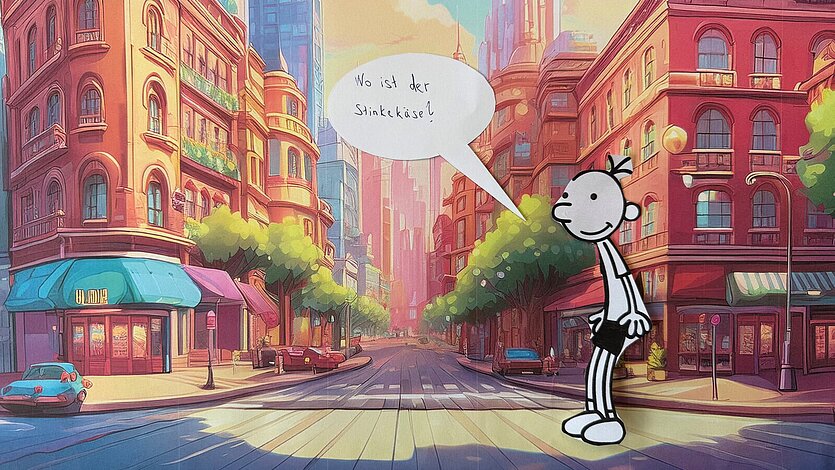 Eine gezeichnete Figur steht in einer bunten Stadtstraße und sagt in einer Sprechblase: „Wo ist der Stinkekäse?“ - copyright: Stadtbibliothek - Ersteller: Stadtbibliothek