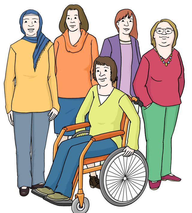 Illustration: Verschiedene Frauen unterschiedlicher Herkunft mit und ohne Behinderung: Diversität. - copyright:Lebenshilfe für Menschen mit geistiger Behinderung Bremen e.V.