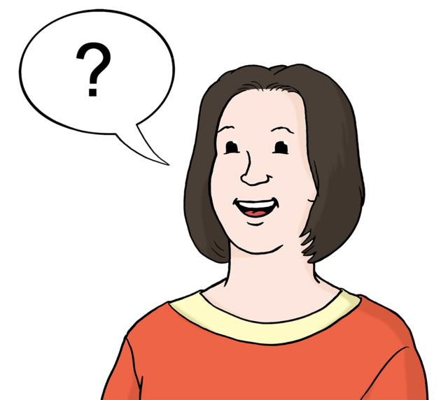 Illustration: Frau mit Sprechblase, in der ein Fragezeichen eingezeichnet ist: Frage stellen. - copyright:Lebenshilfe für Menschen mit geistiger Behinderung Bremen e.V.
