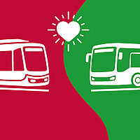 farbige Grafik: links: Straßenbahn auf rotem Untergrund, rechts: Bus auf grünem Untergrund, in der Mitte auf der Grenze von Grün und Rot ist ein Herz, von dem Strahlen ausgehen
