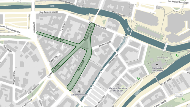 Kartenausschnitt mit farblicher Hervorhebung der Weiherstraße, der Bleichstraße und der Dillsteinserstraße im Abschnitt zwischen Jörg-Ratgeb-Straße und Jahnstraße - copyright:Kartengrundlage: openstreetmap.org