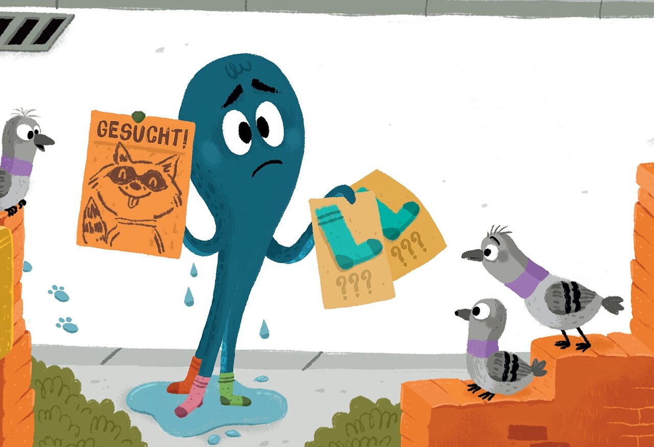 Illustration eines Tintenfisch der ein "Gesucht"-Plakat hoch hält. - copyright: Oetinger Verlag - Ersteller: Sabine Dully