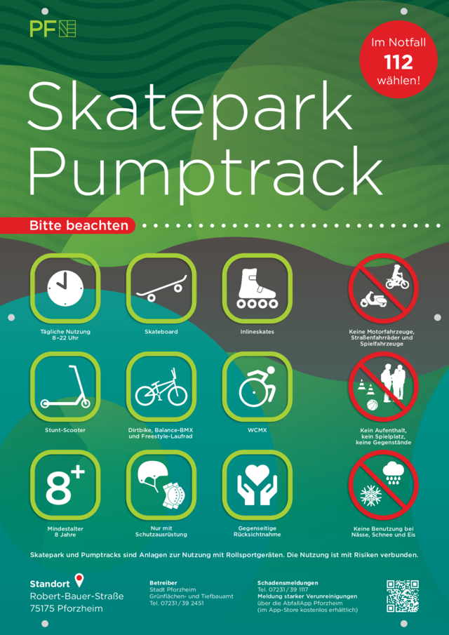 Hinweisschild mit allen Ge- und Verboten welche für den Skatepark und den Pumptrack gelten - copyright:Stadt Pforzheim