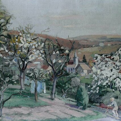 Ölgemälde von Curt Rothe, 1946 Blick vom Garten (Auf dem Berg 13) auf Würm