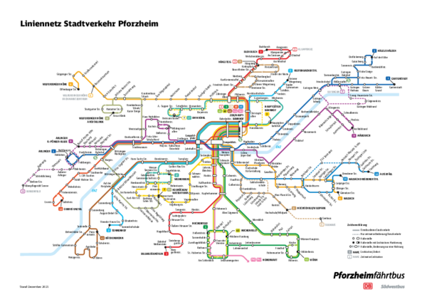 Übersicht über das Liniennetz des Südwestbus in der Stadt Pforzheim