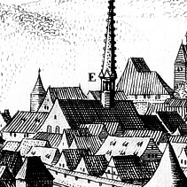 Ausschnitt „Pforzheim“, mittelalterliche Stadtansicht von Westen; Bildbereich Franziskaner-/Barfüßerkloster - copyright:gemeinfrei