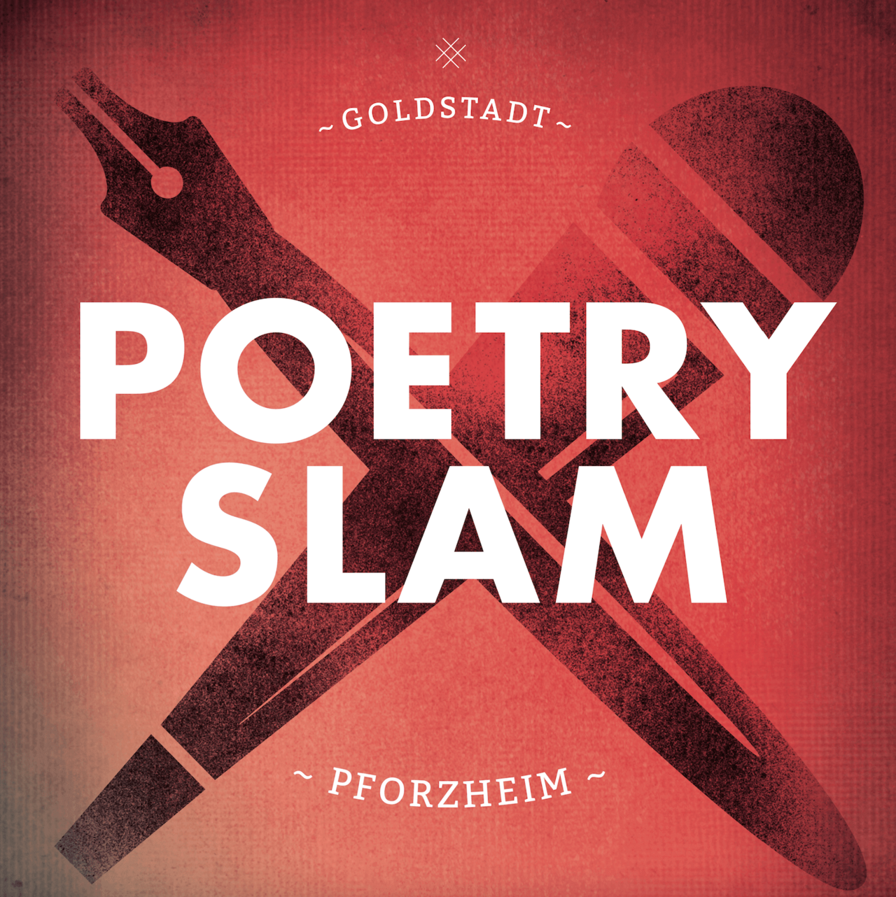 Illustration mit roten Hintergrund auf dem eine Schreibfeder und ein Mikrofon überkreuzt liegen, darüber ist ein weißer Schriftzug "Poetry Slam" - copyright: Poetry Slam - Ersteller: Poetry Slam