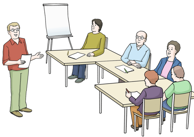 Illustration: Erwachsenenbildung. Ein Kurs. - copyright:Lebenshilfe für Menschen mit geistiger Behinderung Bremen e.V.