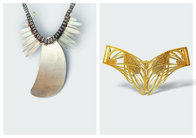 In dialogue: "Pakol" breast ornament from Papua Neuguinea, 20th century, and belt buckle by Piel Frères, Paris, about 1904 (photos Petra Jaschke and Rüdiger Flöter)