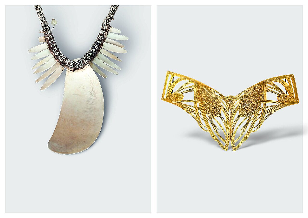 In dialogue: »Pakol« breast ornament from Papua Neuguinea, 20th century, and belt buckle from Piel Frères, Paris, about 1904 (photos Petra Jaschke and Rüdiger Flöter) »Pakol« breast ornament from Papua Neuguinea, 20th century, and belt buckle from Piel Frères, Paris, about 1904