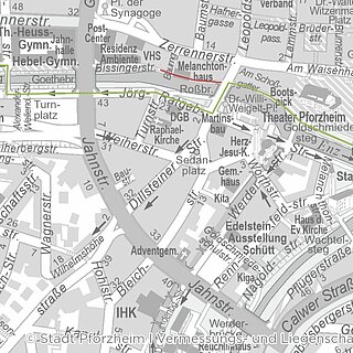 Radfahrende müssen aus Richtung Westen stadteinwärts bereits über den Emiliensteg auf die Nordseite der Enz fahren und dort  die Steubenstraße, bzw. Jörg-Ratgeb-Straße nutzen. Über die Leopoldstraße können Radfahrende wieder auf die Südseite der Enz wechseln. - copyright:Stadt Pforzheim