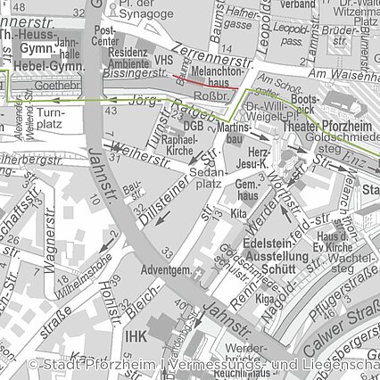 Radfahrende müssen aus Richtung Westen stadteinwärts bereits über den Emiliensteg auf die Nordseite der Enz fahren und dort  die Steubenstraße, bzw. Jörg-Ratgeb-Straße nutzen. Über die Leopoldstraße können Radfahrende wieder auf die Südseite der Enz wechseln. - copyright:Stadt Pforzheim