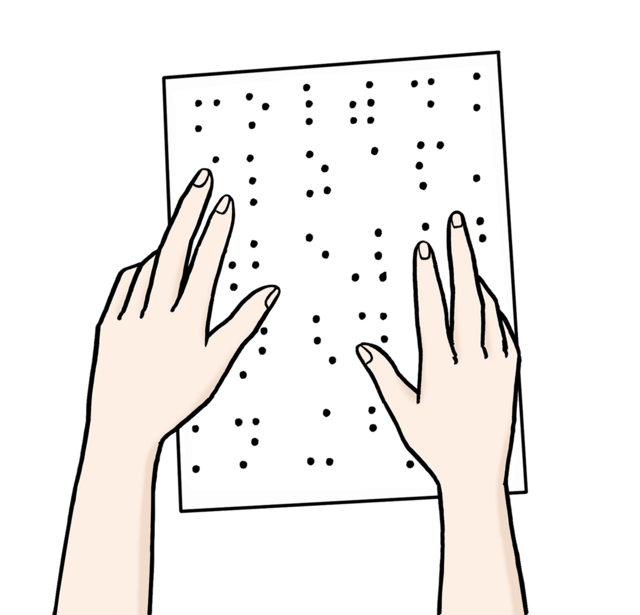 Illustration: Blindenschrift lesen: Hände betasten ein Blatt mit Blindenschrift - copyright:Lebenshilfe für Menschen mit geistiger Behinderung Bremen e.V.