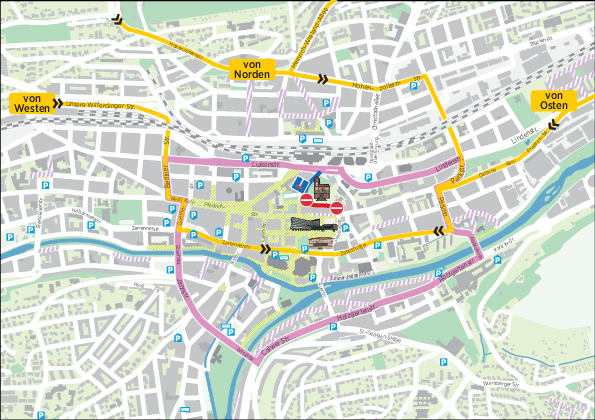 Auf dem Bild ist eine Karte mit der Sperrung des Schlossbergs zu sehen. Außerdem sind die Alternativrouten in die Innenstadt dargestellt. - Copyright: Stadt Pforzheim