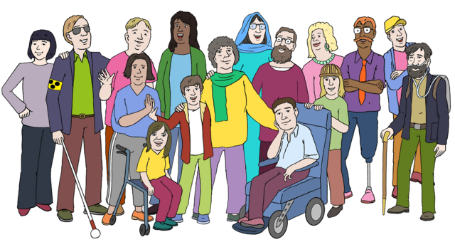 Illustration von vielen Menschen mit unterschiedlichen Behinderungen und Hautfarben. - copyright:Lebenshilfe für Menschen mit geistiger Behinderung Bremen e.V.