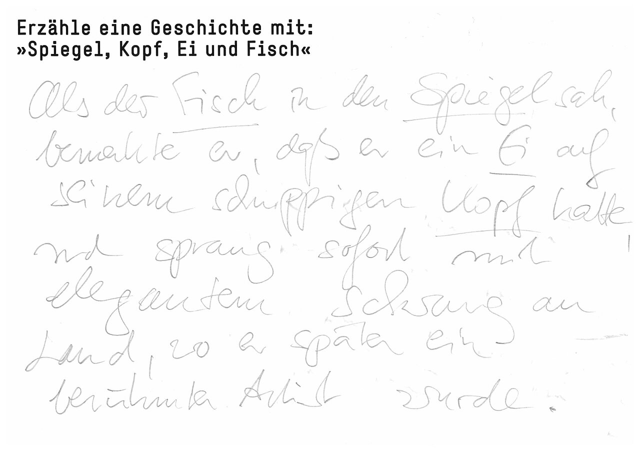 Erzähle eine Geschichte mit: "Spiegel, Kopf, Ei und Fisch"