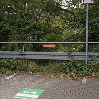 Ein Parkplatz mit einem Grünen, großen Aufkleber auf dem Boden. Im Hintergrund sind Bäume zu sehen.