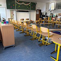 Das Bild zeigt einen Grundschulklassenraum mit Blick auf die Tafel. Die Tische stehen in einem Hufeisen, die Stühle sind aufgestuhlt.