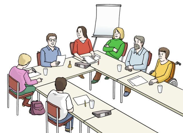 Illustration: Sechs Menschen sitzen an einem Besprechungstisch - copyright:Lebenshilfe für Menschen mit geistiger Behinderung Bremen e.V.