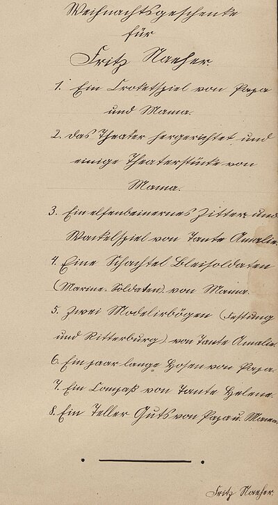 Bild: Geschenkeliste von Fritz, geschrieben in Sütterlin 