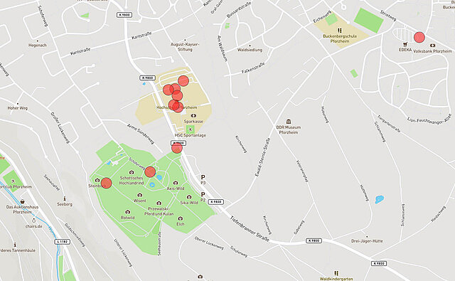 Kartenausschnitt: Schlechte Erreichbarkeit der Hochschule Pforzheim (Fahrrad/E-Bike) - copyright:Kartenausschnitt: OpenStreetMap / Grafische Bearbeitung: Kokonsult