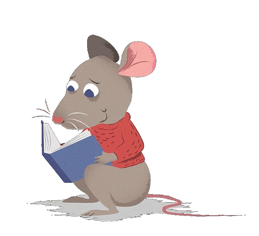 Farbige Illustration einer Maus, die ein blaues Buch in den Pfoten hält und liest. - copyright: Stadtbibliothek Pforzheim - Ersteller: Stadtbibliothek Pforzheim