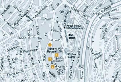 Stadtplan von 2015 mit Markierungen der beschriebenen Orte und Gebäude. - copyright:Stadt Pforzheim