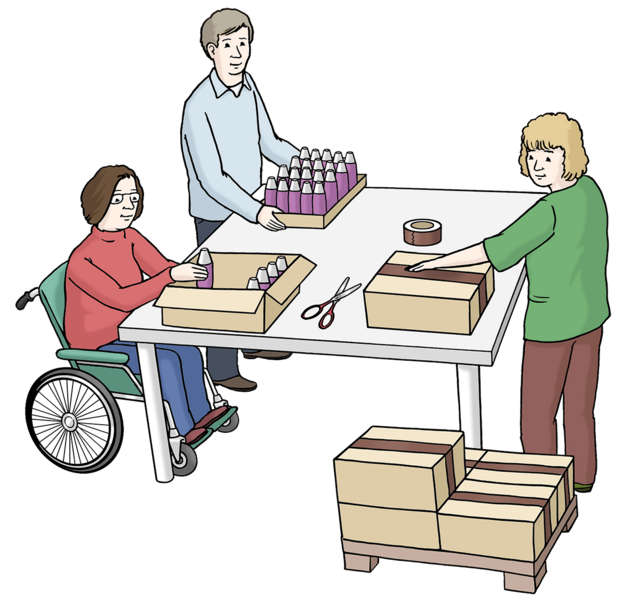 Illustration: Menschen arbeiten in der Verpackung (Inklusion) - copyright:Lebenshilfe für Menschen mit geistiger Behinderung Bremen e.V.