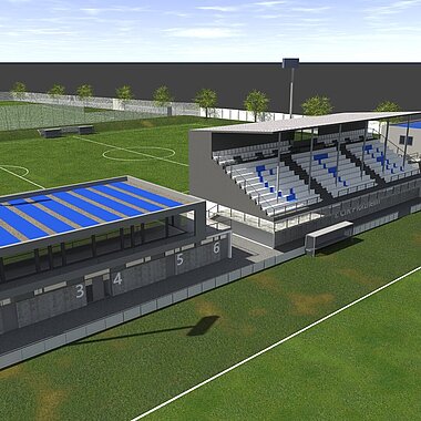Bild zeigt die Tribüne und das Clubhaus mit einer PV-Anlage auf dem Dach