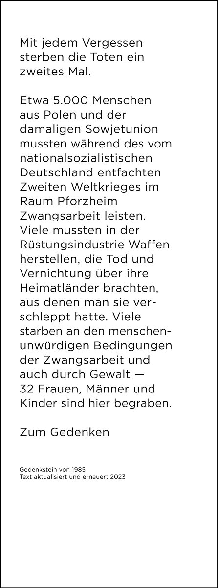 Abb.: Text der 2023 errichteten Gedenkstele auf dem Brötzinger Friedhof - copyright:Stadtarchiv Pforzheim
