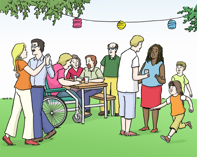Illustration: Menschen feiern gemeinsam draußen - copyright:Lebenshilfe für Menschen mit geistiger Behinderung Bremen e.V.